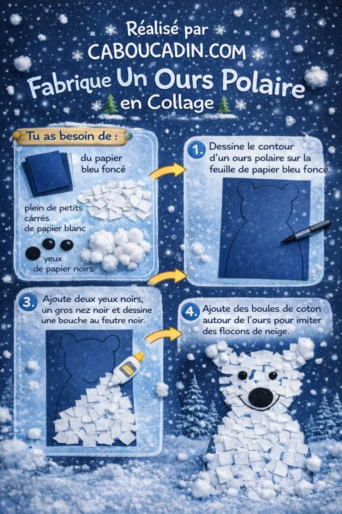Bricolage hiver facile : un ours polaire en papier déchiré que les enfants adorent illustration tuto ours polaire avec morceau de papier blanc dechire