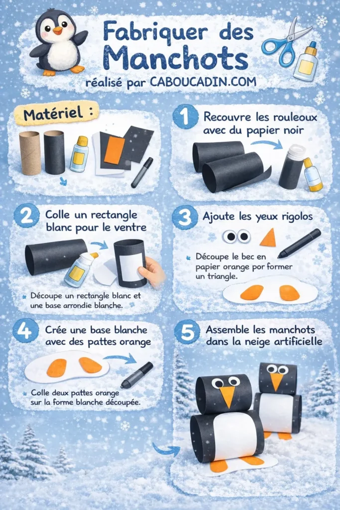 Bricolage hiver : fabriquer un pingouin en carton avec les enfants illustration tuto pingouin avec rouleau en carton 1 11zon