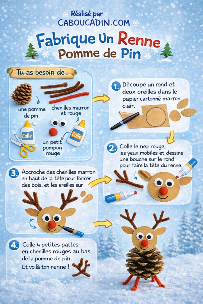 Bricolage renne de Noël : fabriquer un renne trop mignon avec une pomme de pin illustration tuto renne hiver avec pomme de pin