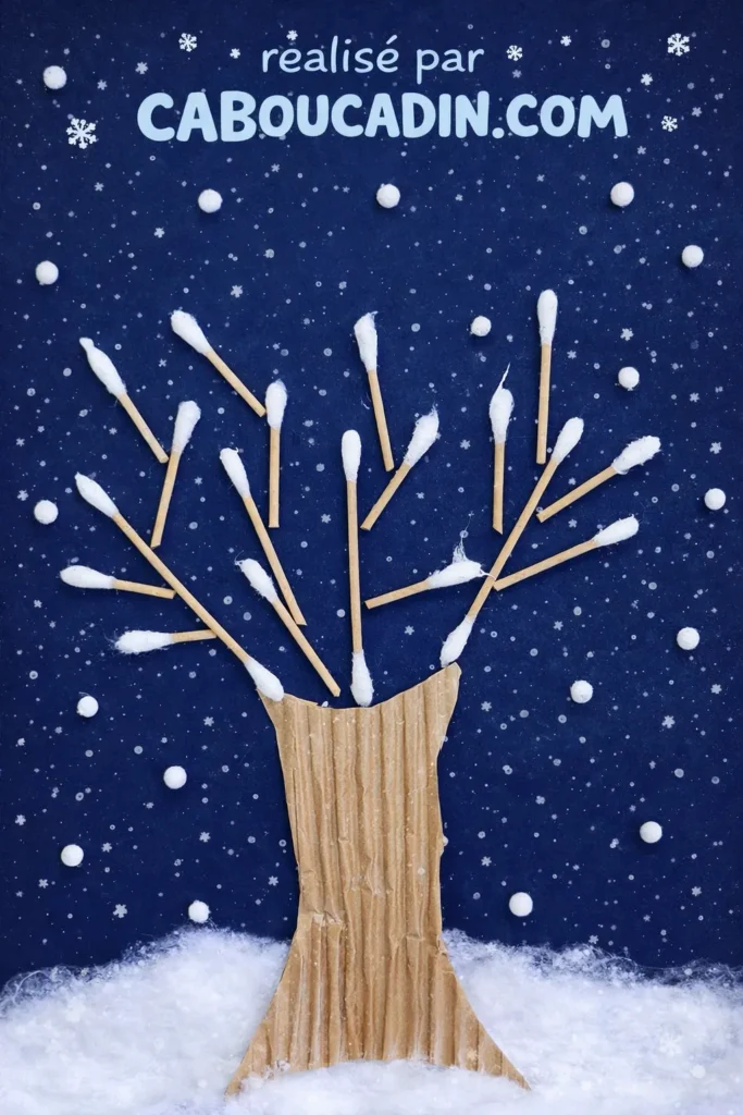 Bricolage arbre d’hiver maternelle – tuto pas à pas avec cotons-tiges arbre hiver avec coton tiges