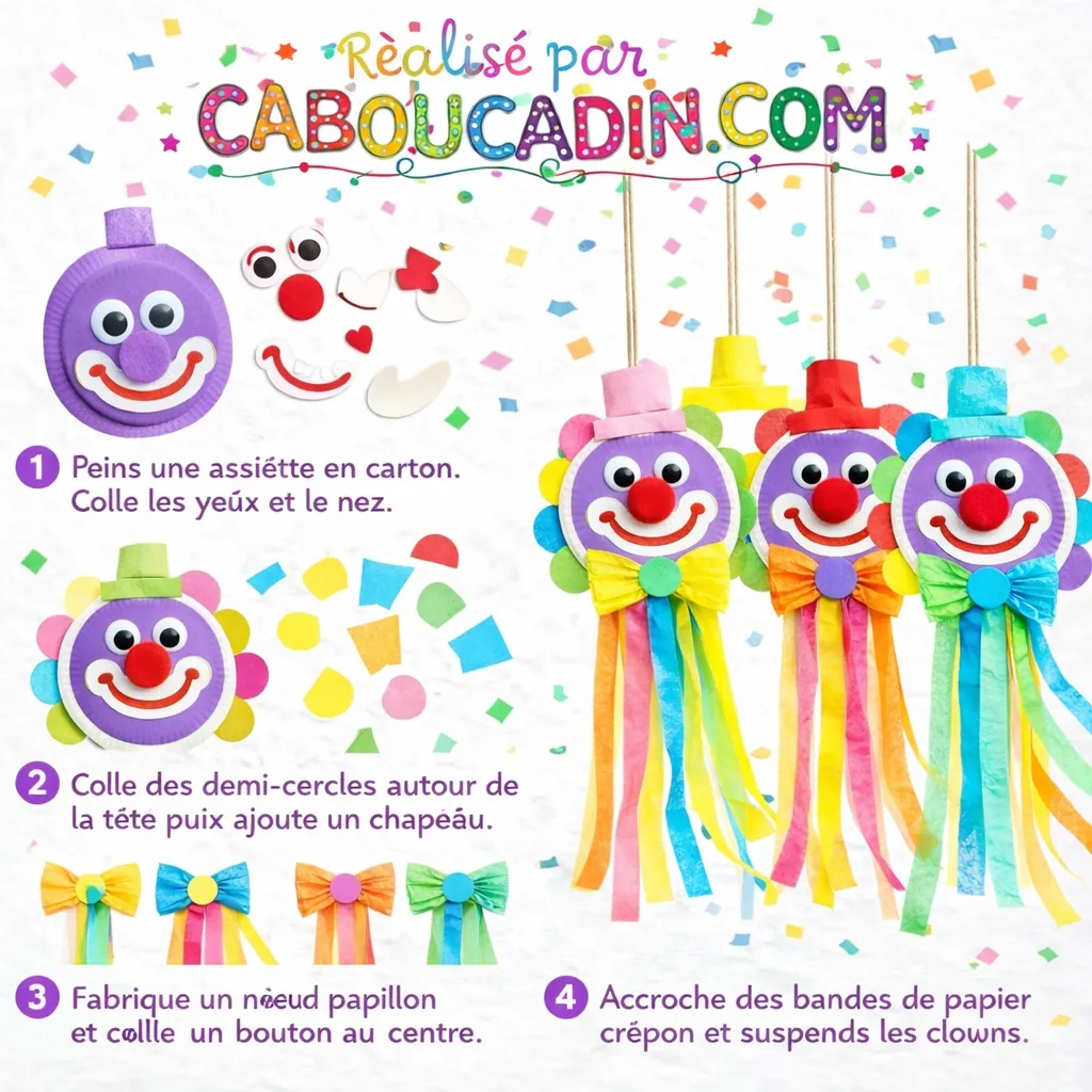 carnaval illustration tuto maternelle clowns en papier a suspendre