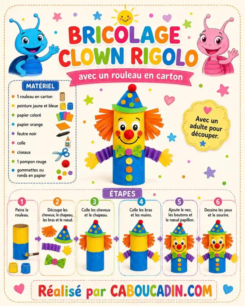 Bricolage clown en rouleau de papier toilette – activité facile pour enfants illustration clown rigolo avec rouleau en carton caboucadin
