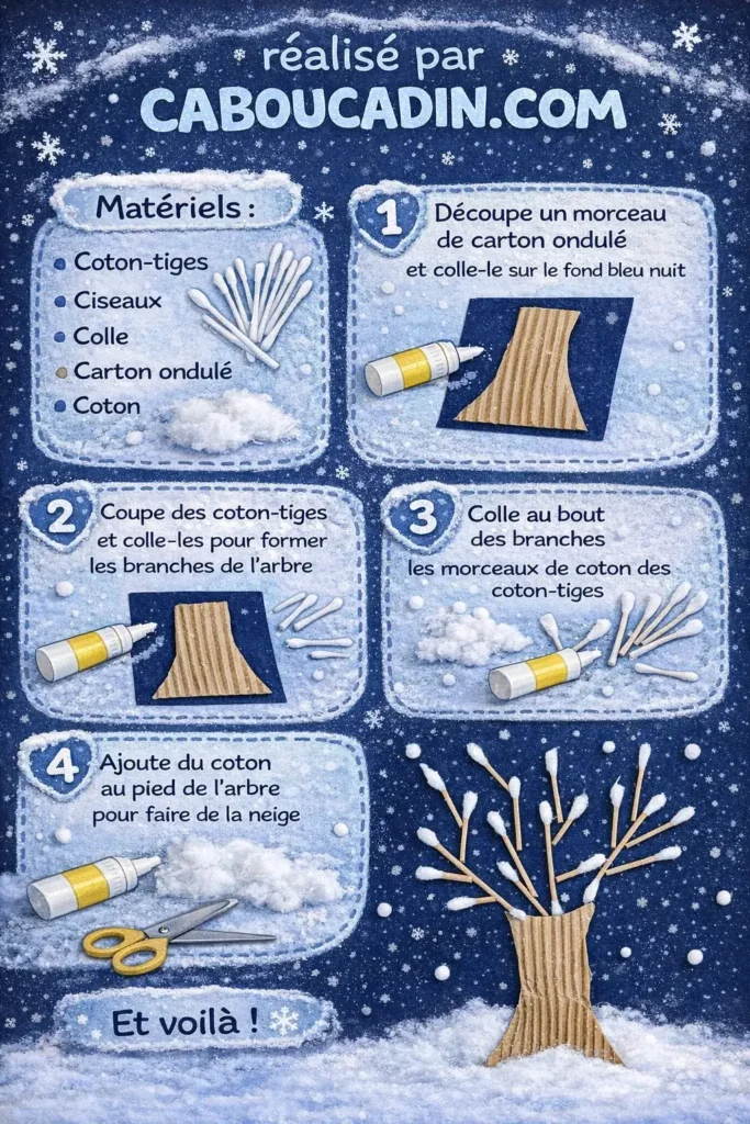 Bricolage arbre d’hiver maternelle – tuto pas à pas avec cotons-tiges illustration tuto arbre hiver avec coton tiges