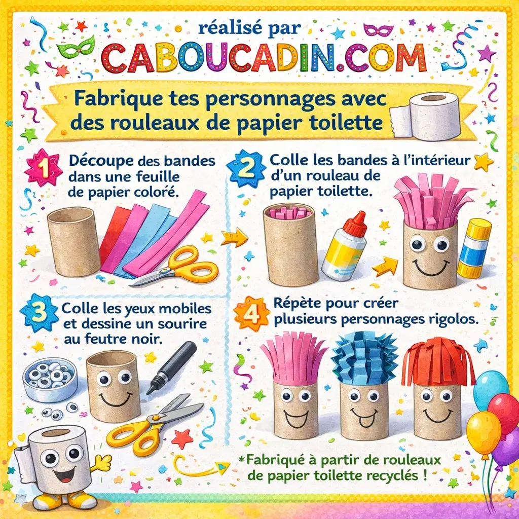 Personnage en Rouleau de Papier Toilette – Bricolage Récup Facile pour Enfants illustration tuto personnages en rouleaux de papier