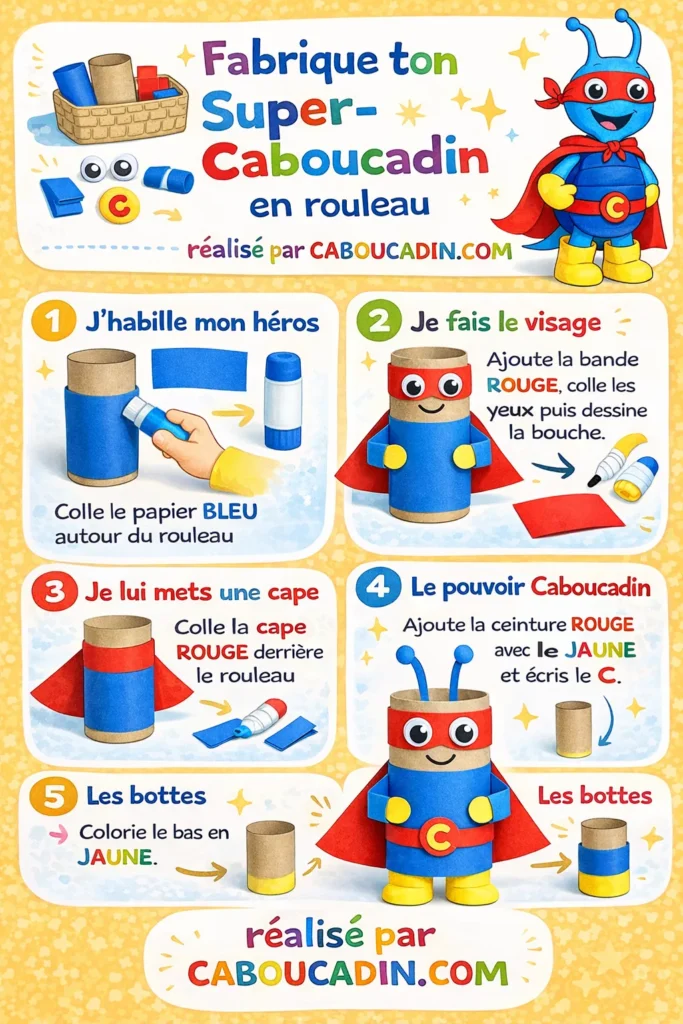 illustration tuto super hero caboucadin realise avec un rouleau en carton