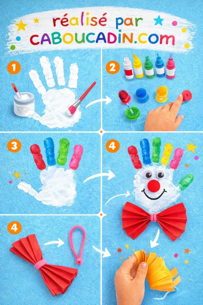 Clown avec empreinte de main – bricolage facile pour enfants illustratuion tuto clown carnaval avec empreinte de main