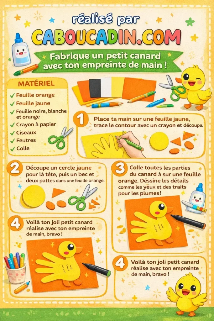 Bricolage enfant facile : canard en empreinte de main illustration tuto canard paques empreinte de main 2 11zon