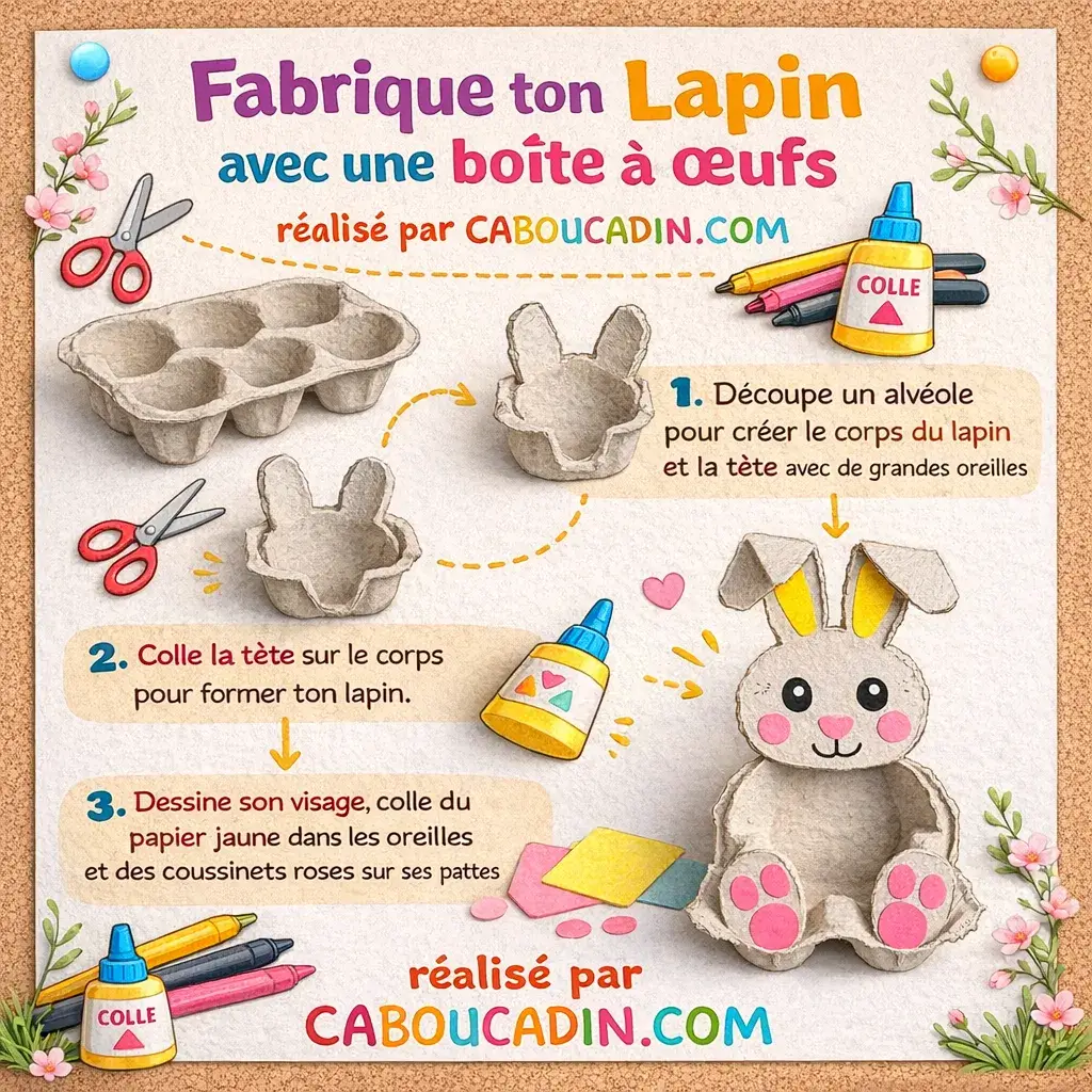 Bricolage de Pâques facile : fabriquer un lapin avec une boîte d’œufs illustration tuto lapin paques avec boite oeufs carton 1 11zon