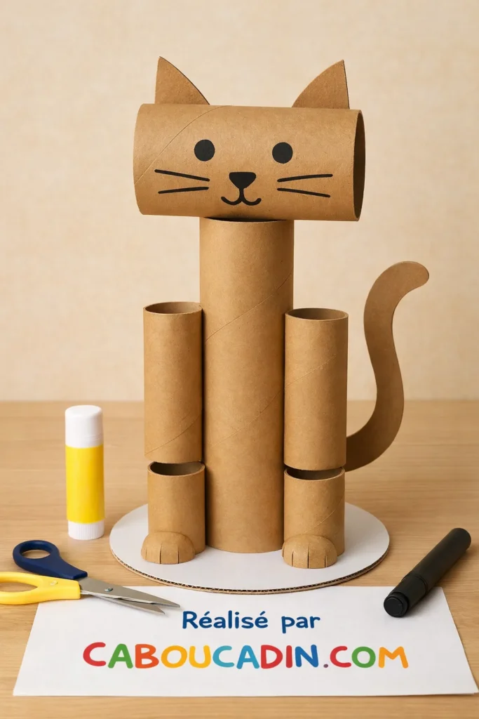 Bricolage recyclage enfant : fabriquer un chat avec un rouleau de papier toilette chat avec plusieurs rouleaux en carton