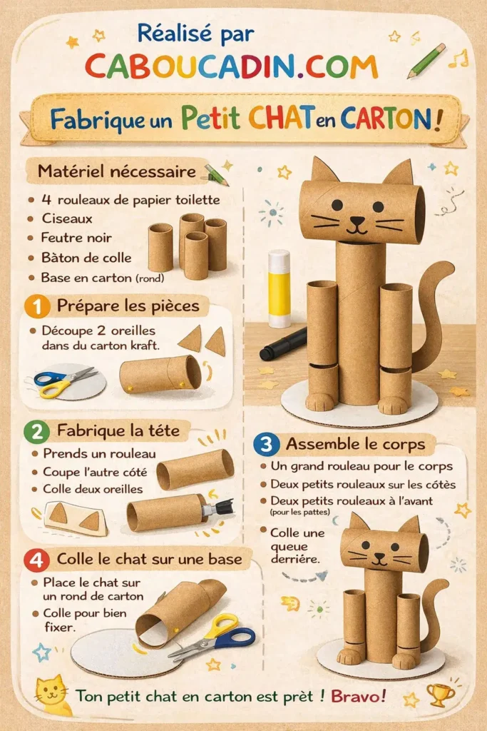 Bricolage recyclage enfant : fabriquer un chat avec un rouleau de papier toilette illustration tuto chat avec plusieurs rouleaux en carton