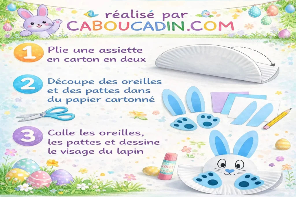 illustration tuto lapin paques avec assiette carton decoupee et pliee