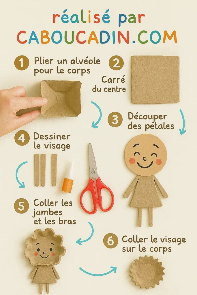 Bricolage enfant facile : personnages en boîte d’œufs - DIY recyclage maternelle illustration tuto personnages fille et gracon en carton 1