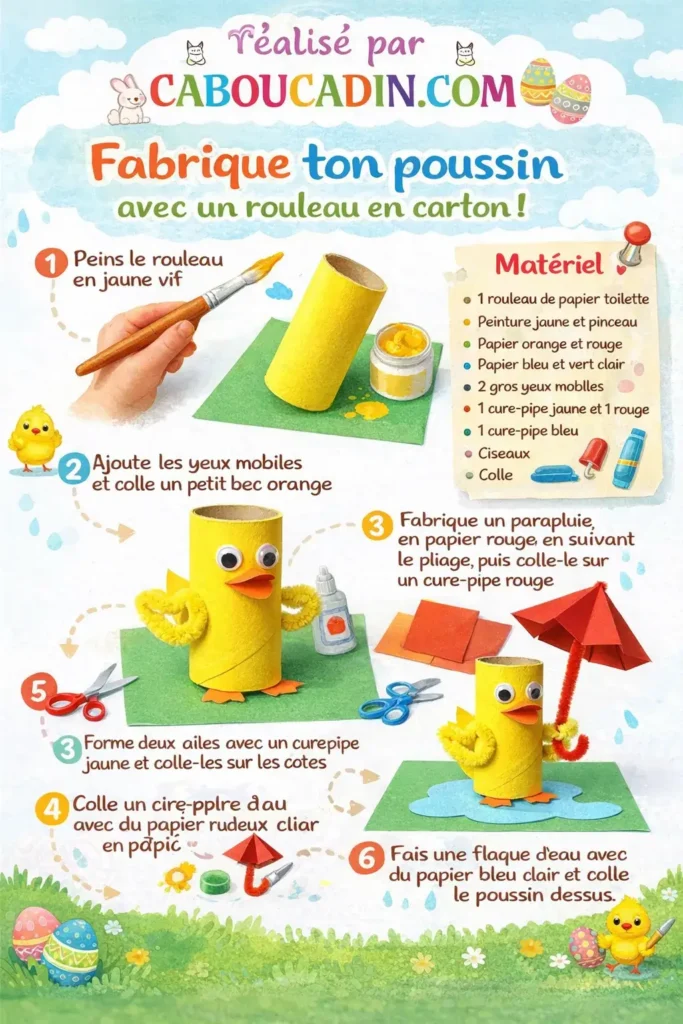 illustration tuto poussin paques avec rouleau en carton et parapluie