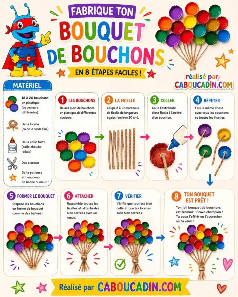 illustration tuto bouquet de fleurs avec capsules de bouteilles