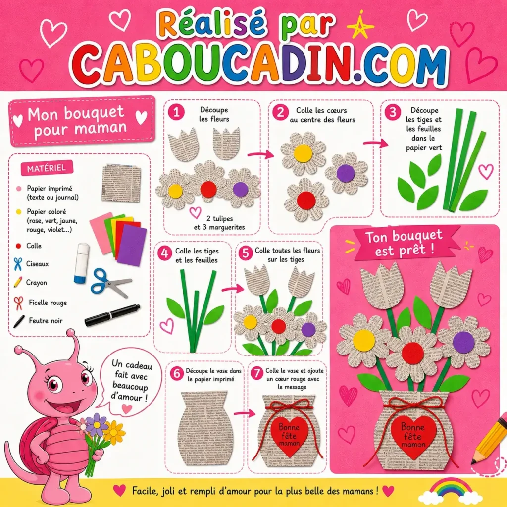 illustration tuto bouquet fleurs avec papier journal fete mere
