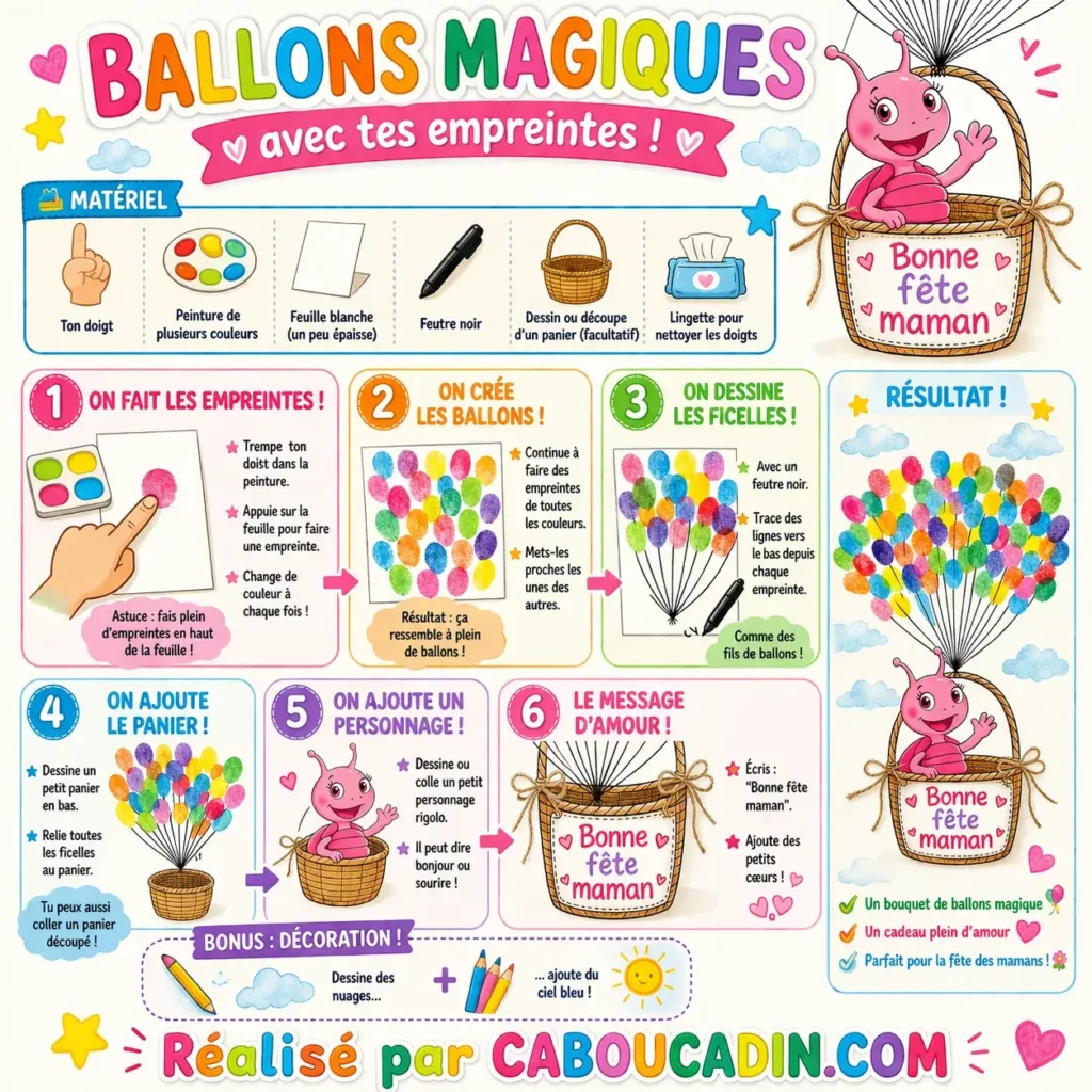 Des ballons en empreintes de doigts pour la fête des mères illustration tuto carte fete mere avec empreintes de doigts