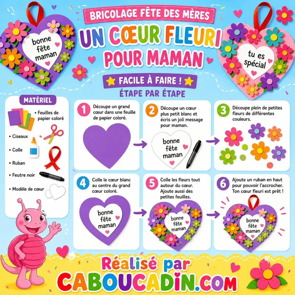 Bricolage Fête des Mères : de magnifiques cœurs fleuris à fabriquer avec les enfants illustration tuto carte fete meres coeurs decores