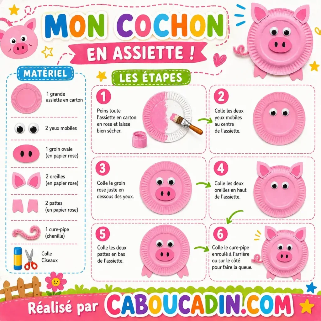 illustration tuto cochon rose avec assiette carton