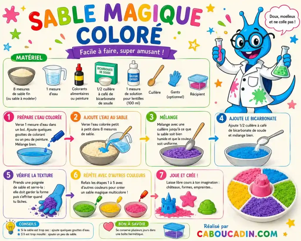 Recette de sable magique coloré : activité sensorielle facile pour enfants illustration tuto fabriquer sable colore facile