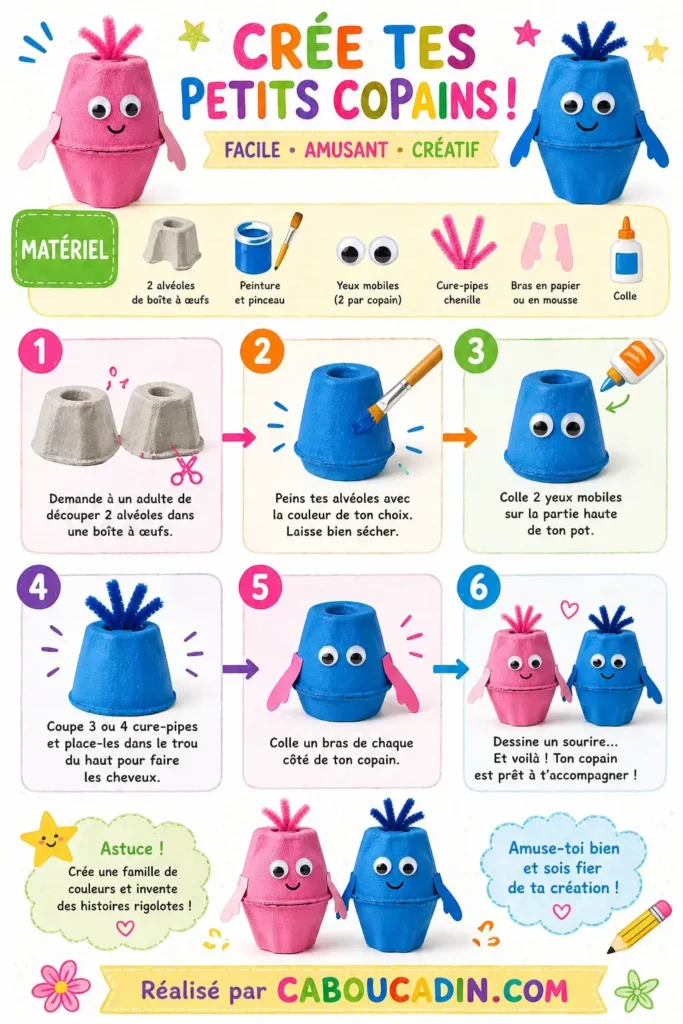 illustration tuto personnages filles garcons avec alveoles de boites a oeufs 1