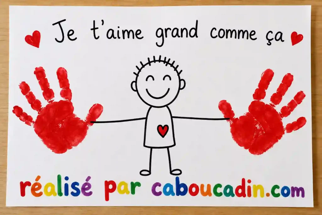 Bricolage Fête des Pères : "Je t’aime grand comme ça" avec empreintes de mains bonhomme bonne fete papa empreintes de main