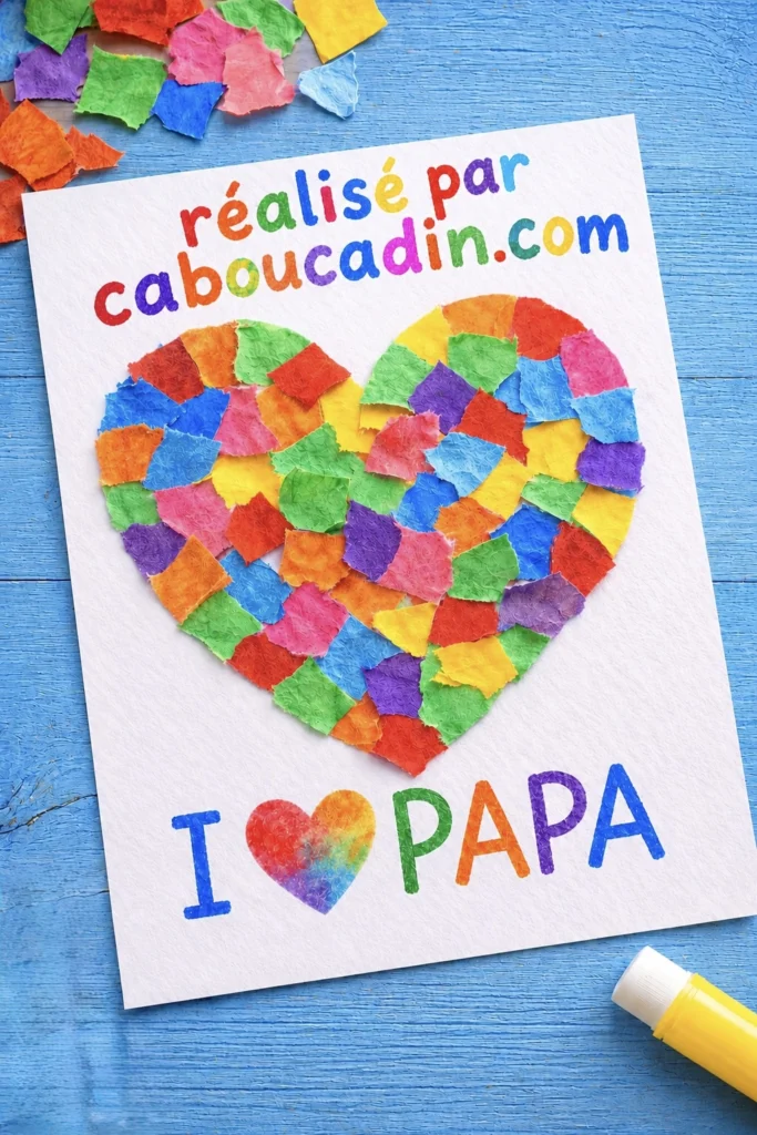 Bricolage Fête des Pères : Carte Cœur Colorée en Papier de Soie Facile à Faire avec les Enfants coeur avec patchwork avec papier colore