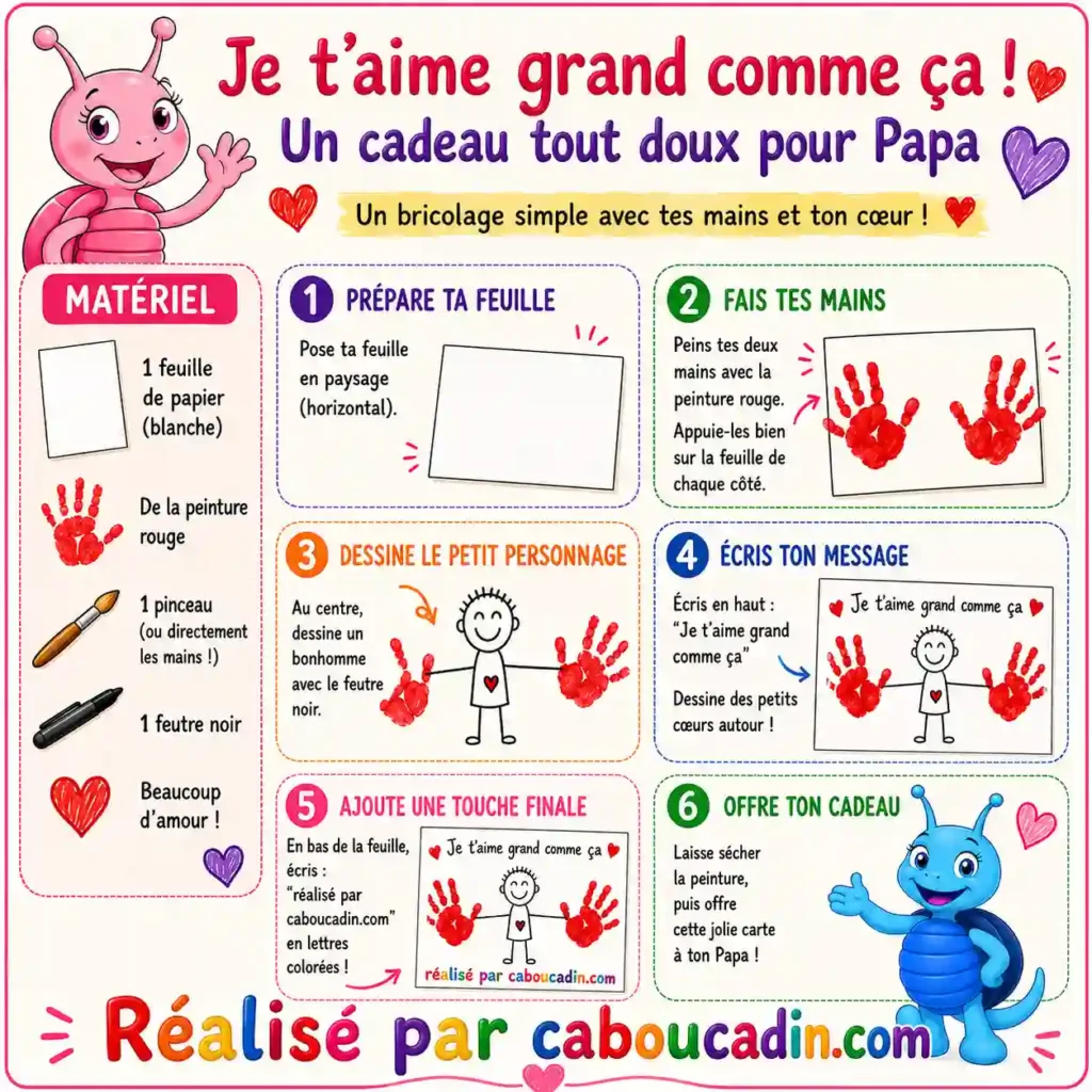 Bricolage Fête des Pères : "Je t’aime grand comme ça" avec empreintes de mains illustration tuto bonhomme bonne fete papa empreintes de main