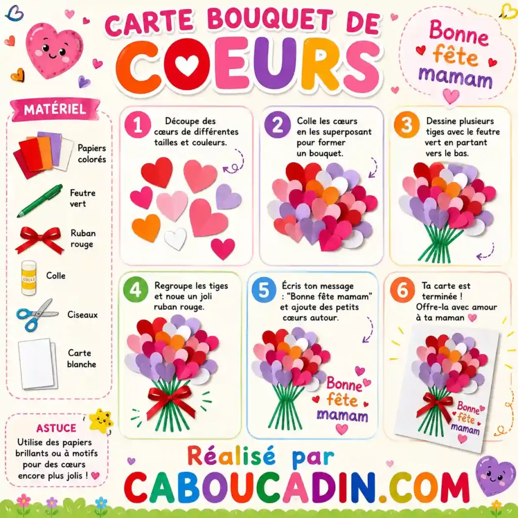 Bouquet de cœurs pour la fête des Mères : bricolage facile et original pour les enfants illustration tuto bouquet fleur coeur fete des meres