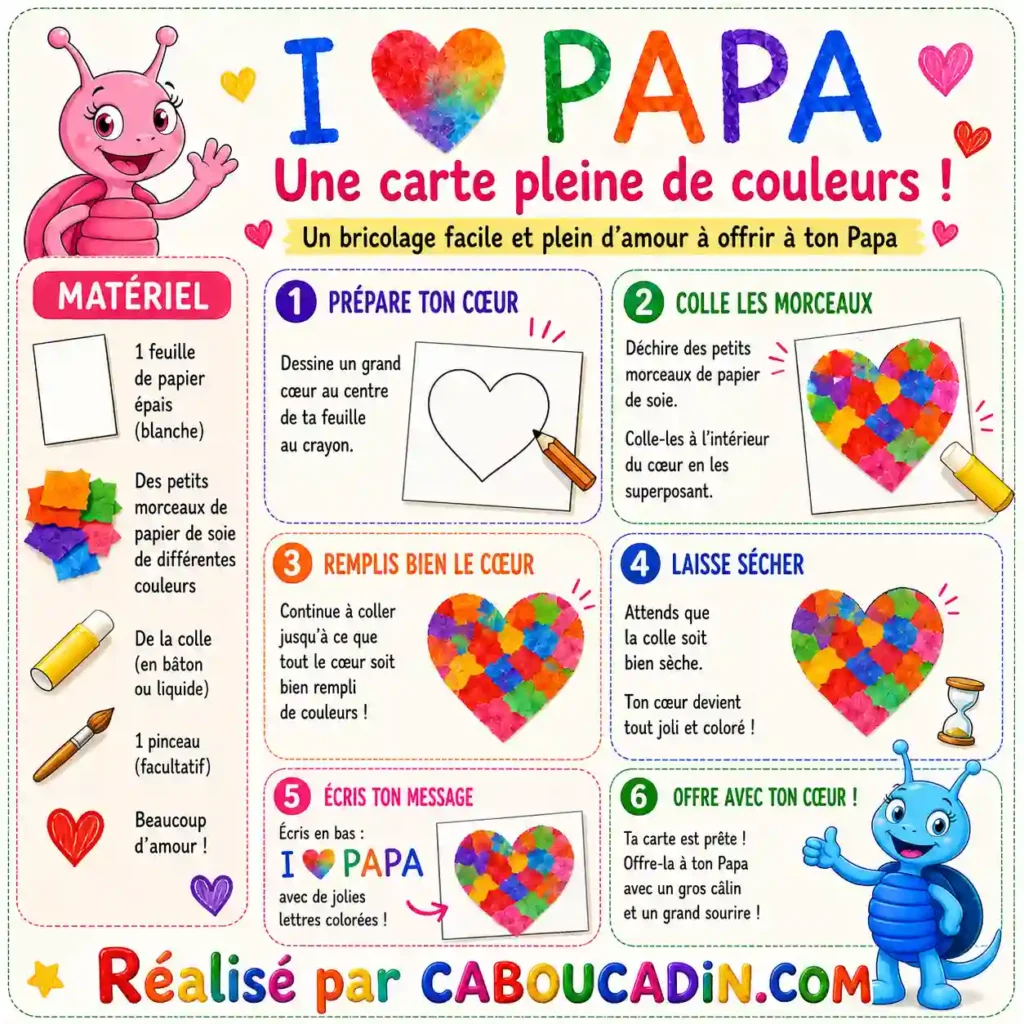 Bricolage Fête des Pères : Carte Cœur Colorée en Papier de Soie Facile à Faire avec les Enfants illustration tuto coeur avec patchwork avec papier colore