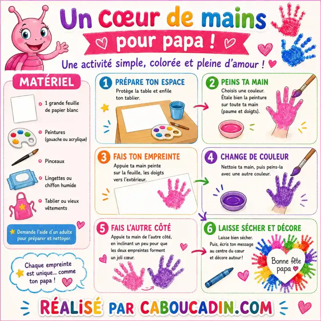 Bricolage Fête des Pères : Réaliser un Cœur avec des Empreintes de Mains Colorées illustration tuto coeur bonne fete papa avec des coeurs couleur