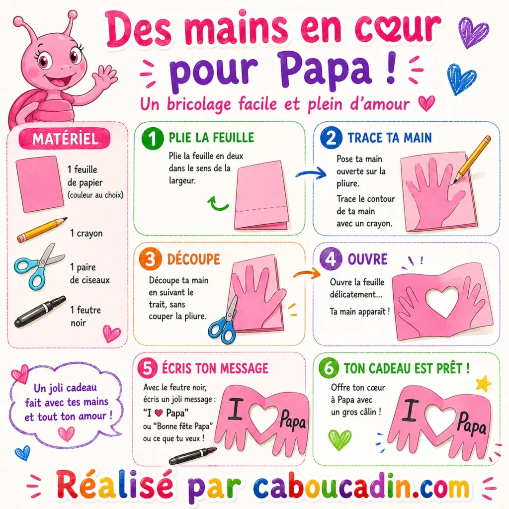Bricolage Fête des Pères : Carte Cœur avec Empreintes de Mains Facile à Réaliser avec les Enfants illustration tuto coeur bonne fete papa coeur decoupe