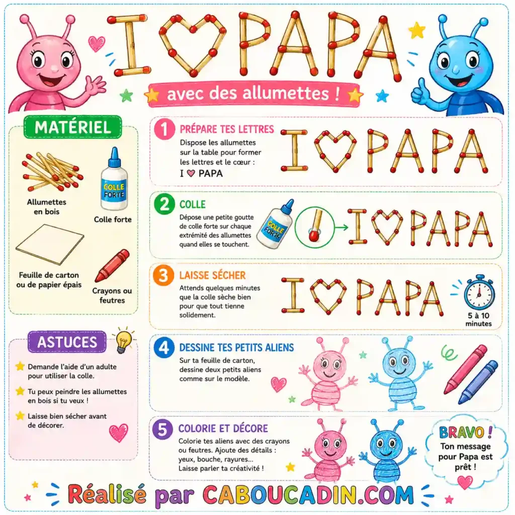 Bricolage Fête des Pères : Réaliser un "I ❤️ Papa" en Allumettes Facile avec les Enfants illustration tuto je aime mon papa avec des allumettes
