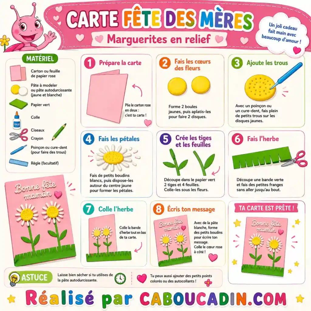 Carte Fête des Mères avec Marguerites en Cotons-Tiges : bricolage facile pour enfants illustration tuto marguerite avec cotons tiges fete meres