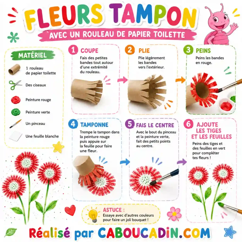 Carte Fête des Mères avec Marguerites en Rouleau de Carton : bricolage facile et original pour enfants illustration tuto marguerite avec empreinte rouleau en carton