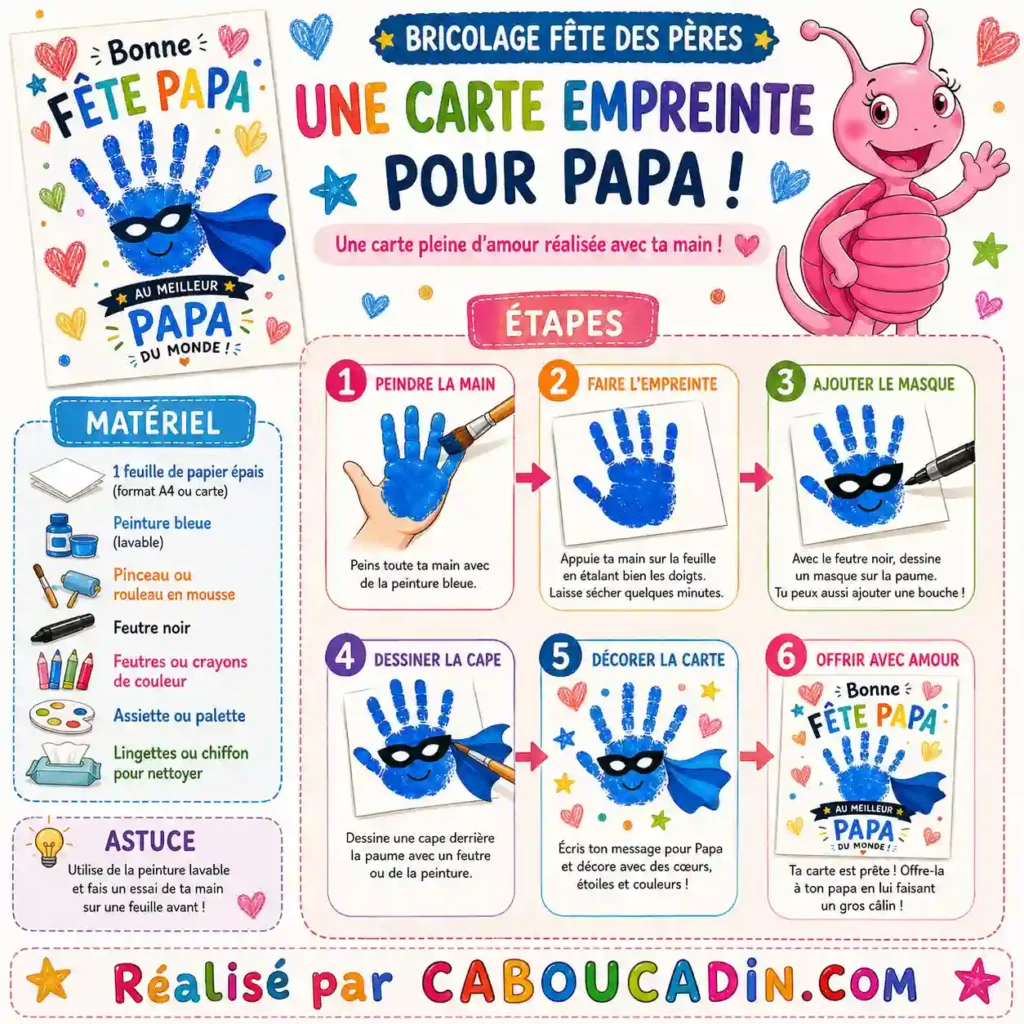 Bricolage Fête des Pères : Carte Super Papa avec Empreinte de Main Facile à Réaliser illustration tuto super papa avec empreinte de main