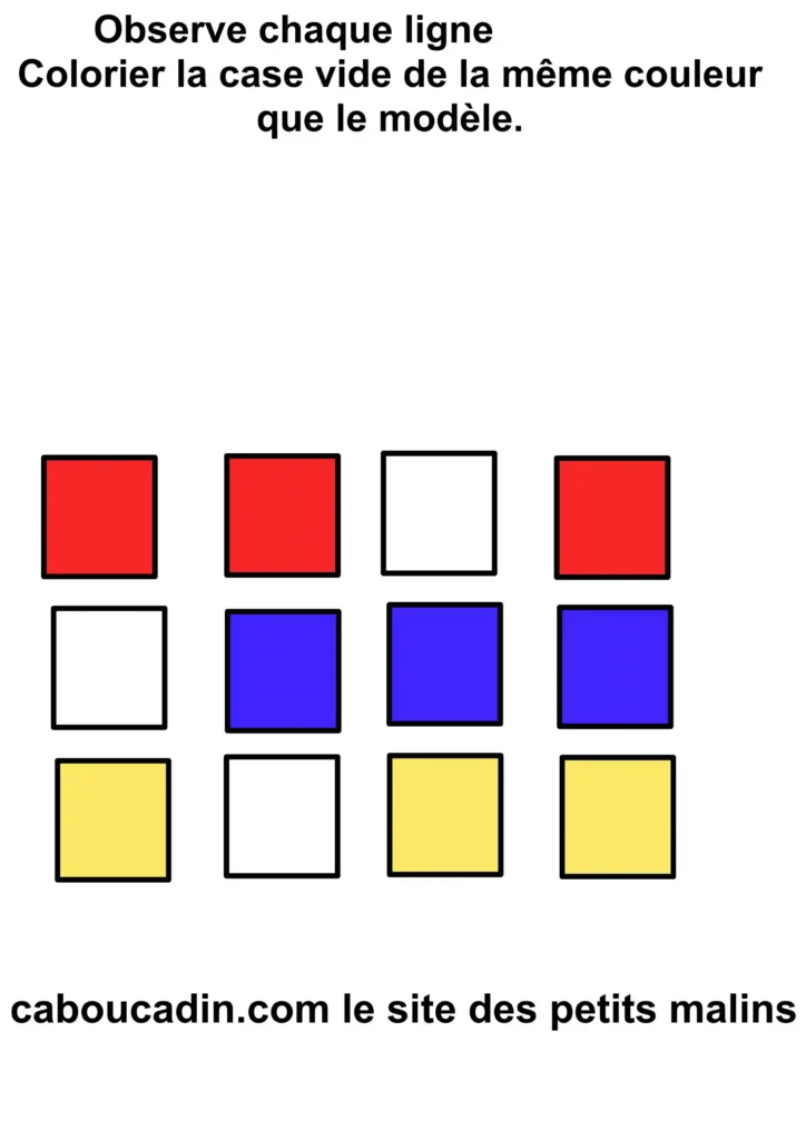 Fiche maternelle : Colorier la case vide de la même couleur fiche maternelle suite couleurs 1