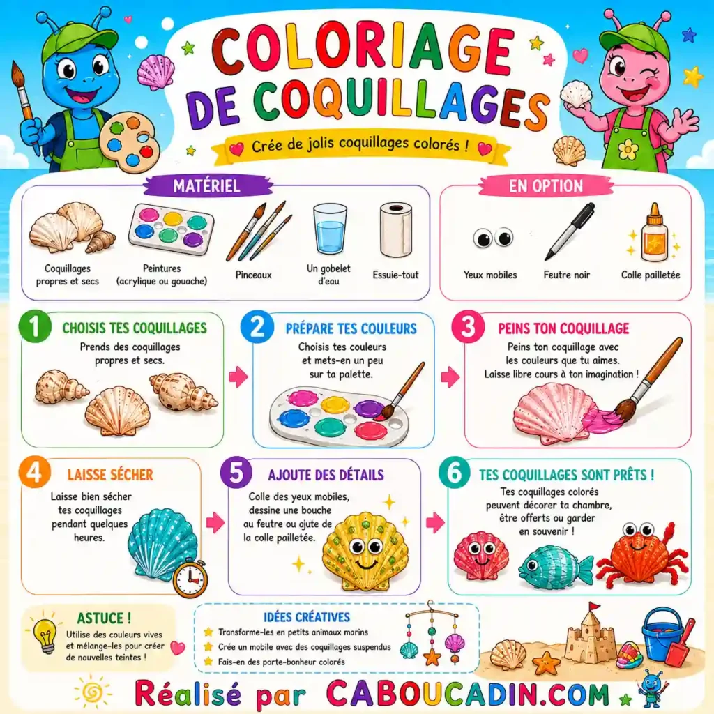 Peindre des coquillages et les transformer en petits animaux marins illustration tuto activite bricolage coloriage coquillages