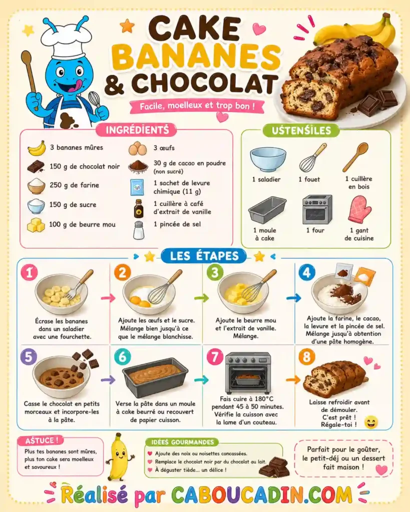 illustration tuto recette cake bananes chocolat