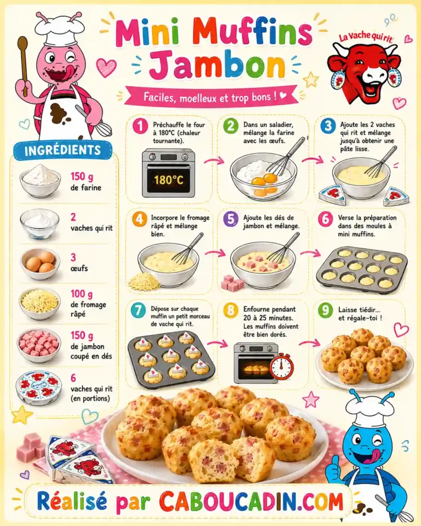 Mini muffins au jambon et à La Vache qui rit illustration tuto recette muffins vache qui rie jambon