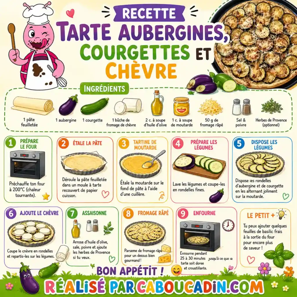 Recette de la tarte aux aubergines, courgettes et chèvre illustration tuto recette tarte aubergines courgettes chevre