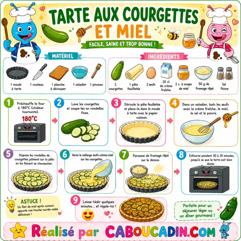 Recette de la tarte aux courgettes et au miel à préparer avec les enfants illustration tuto recette tarte courgettes au miel