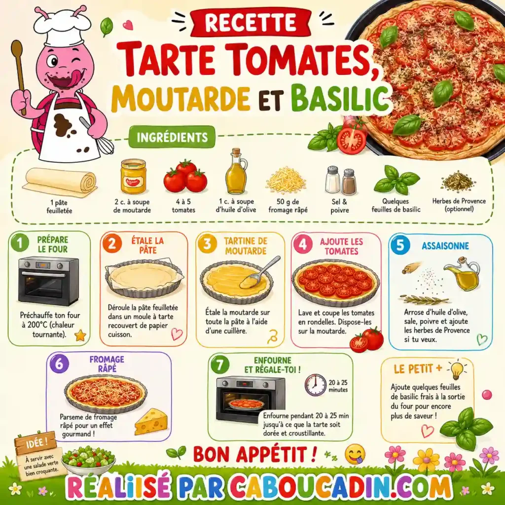 Recette de la tarte aux tomates, moutarde et basilic illustration tuto recette tarte tomates moutarde basilic