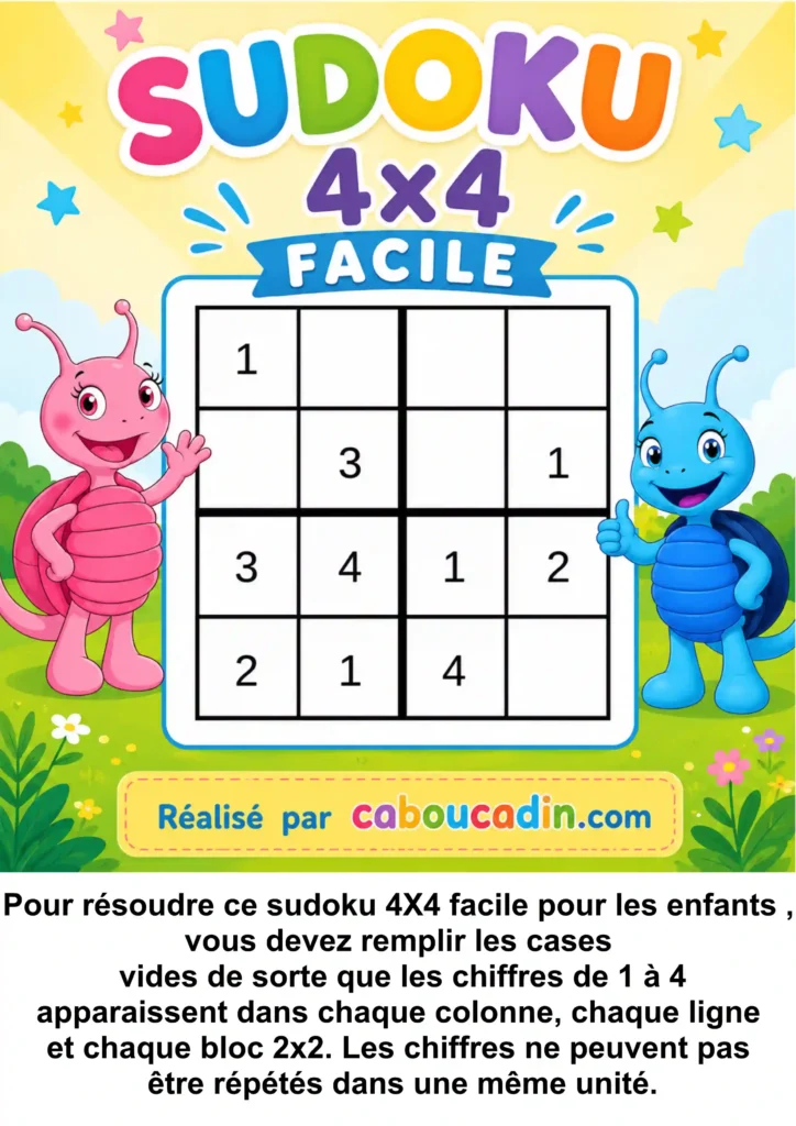 Le sudoku pour les enfants : une première approche simple et ludique sudoku facile caboucadin 1