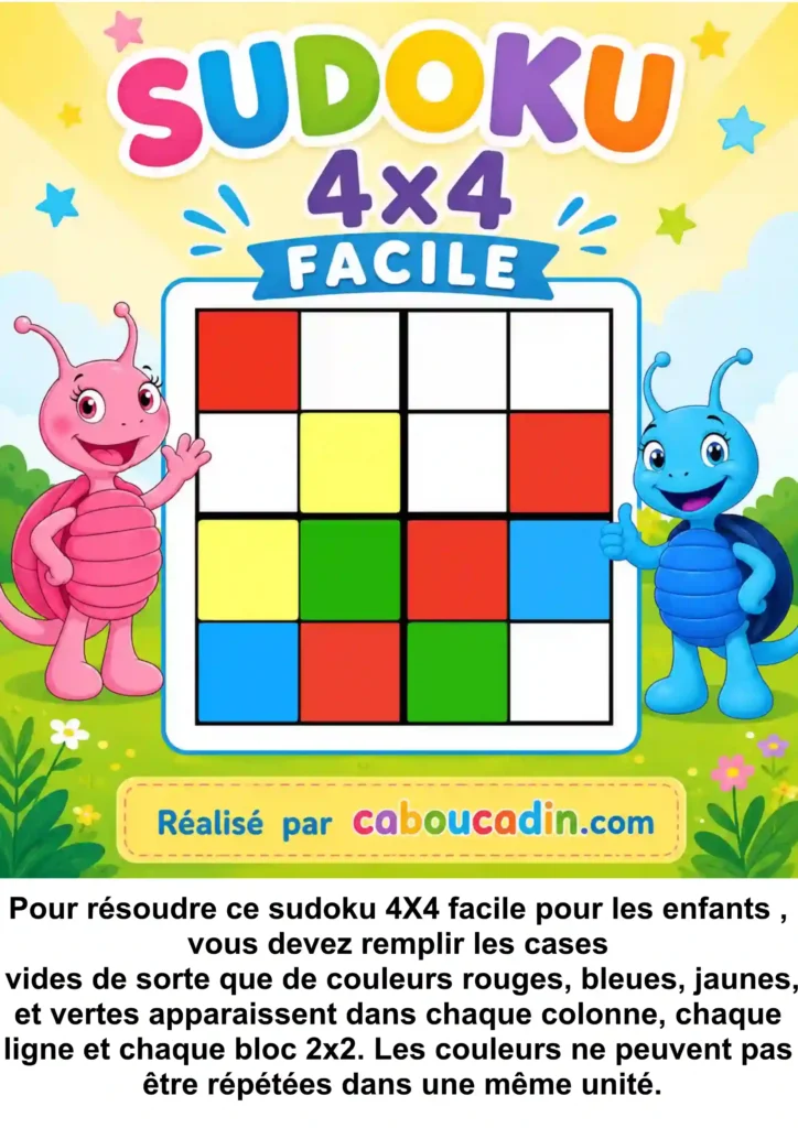 Le sudoku avec des couleurs : un jeu de logique simple pour les enfants sudoku facile couleur caboucadin 1