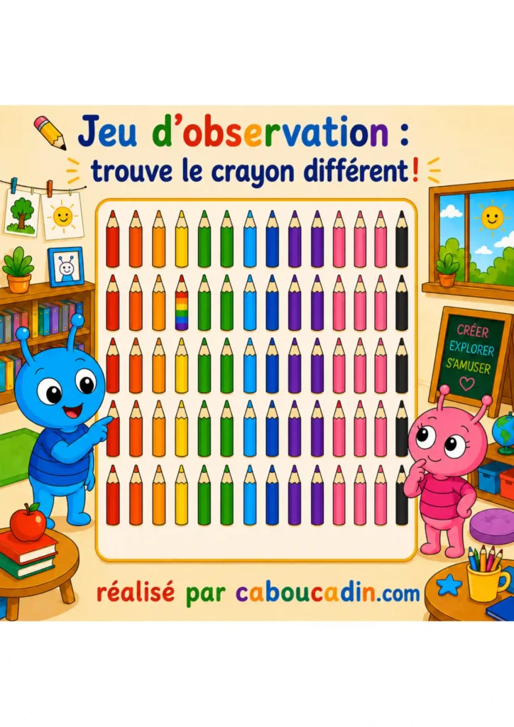Jeu d’observation en maternelle : trouve le crayon différent fiche maternelle observation trouver crayon diiferent 1