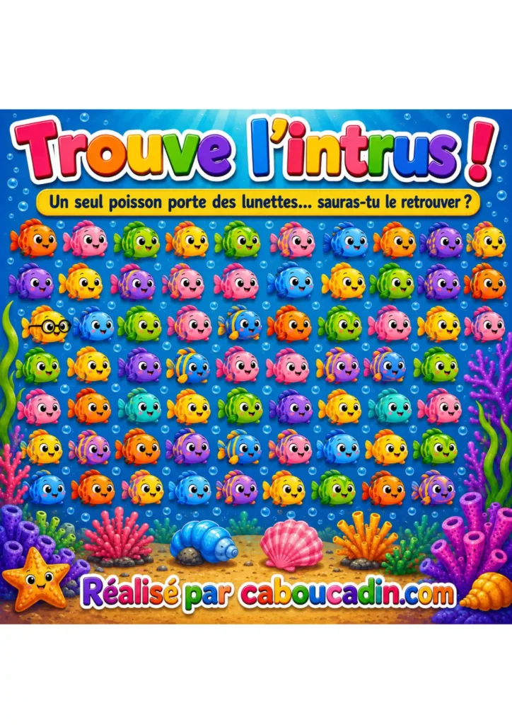 Jeu d’observation en maternelle : trouve le poisson qui porte des lunettes fiche maternelle observation trouver poisson lunettes 3