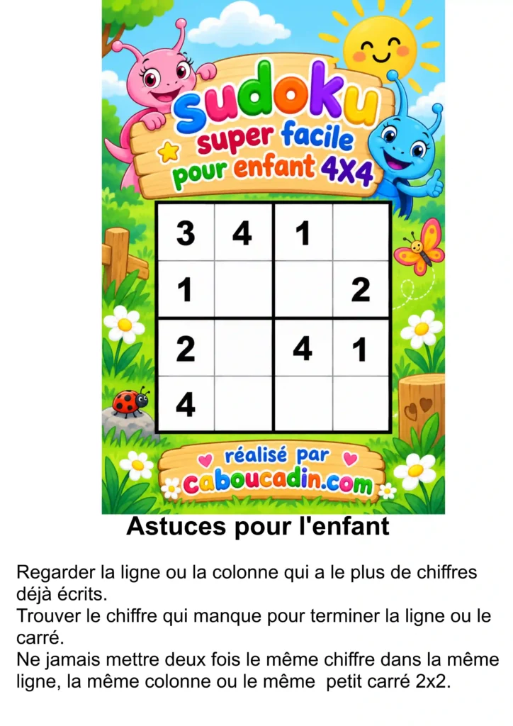 Sudoku 4x4 super facile pour enfant à imprimer gratuit grille sudoku super facile 4X4 1