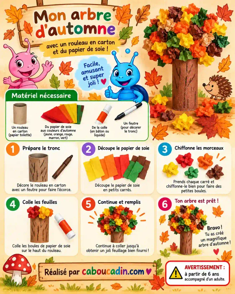 illustration arbre automne rouleau en carton et feuilles de soie en couleurs