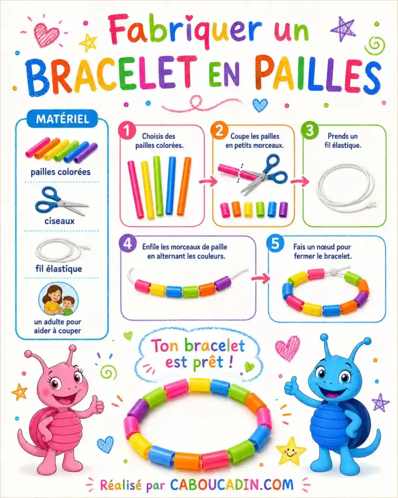 Fabriquer un bracelet avec des morceaux de pailles colorées illustration bracelet fabriquer avec bouts pailles plastique