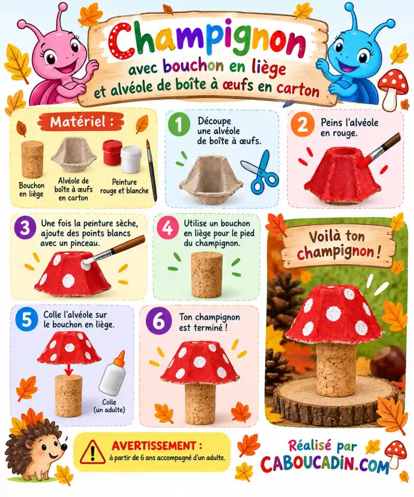Fabriquer un petit champignon d’automne avec un bouchon en liège et une boîte à œufs illustration champignon avec bouchon liege boite oeufs carton